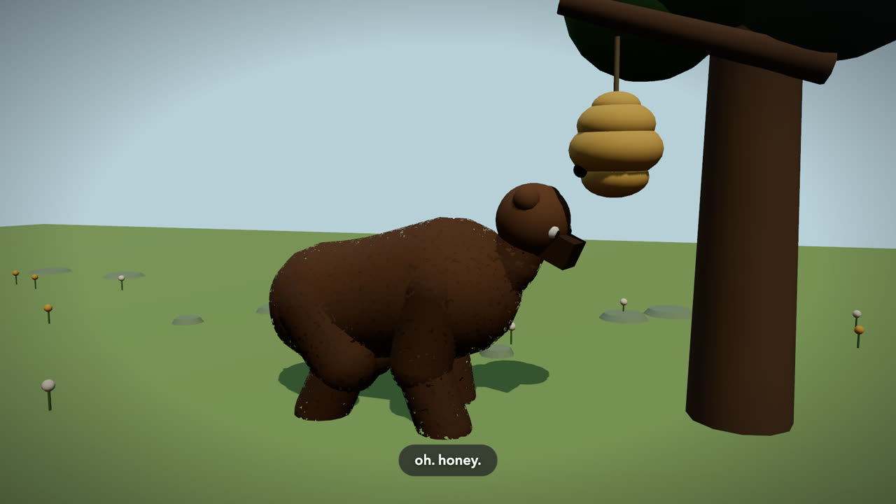 A furred bear ambles toward a hanging beehive, then flees as bees erupt