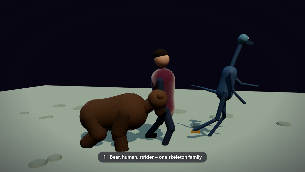 A bear, a human, and an invented three-eyed strider walk in on their own gaits