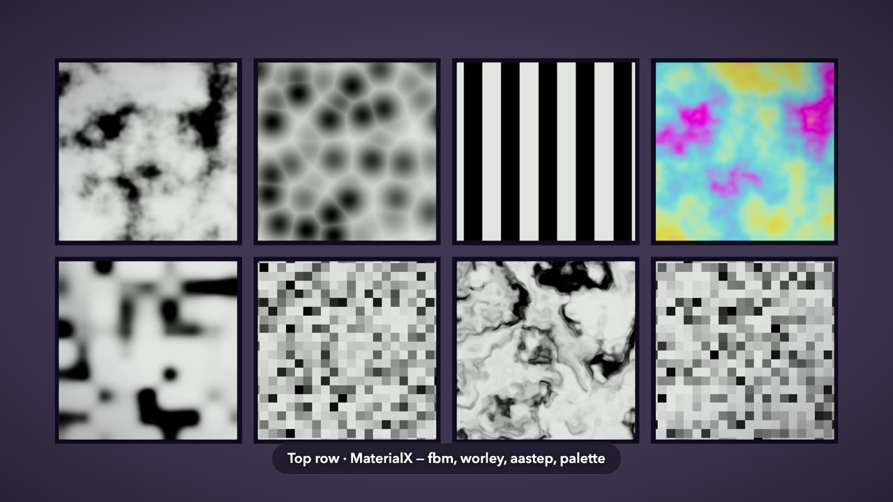 Eight shader noise primitives in a grid, one per cell, including a deliberate drift control